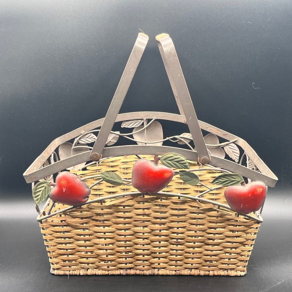 Vtg Metal Wire Woven‎ Wicker Basket Red Apples Handle Farmhouse Decor 13x11x8 in